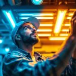 A photograph of a lighting contractor expertly installing fluorescent bulbs in a well-lit workspace