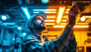 A photograph of a lighting contractor expertly installing fluorescent bulbs in a well-lit workspace