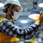 A photograph of a lighting contractor installing or adjusting led round shop lights in a well-lit commercial space