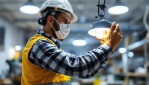 A photograph of a lighting contractor installing or adjusting led round shop lights in a well-lit commercial space