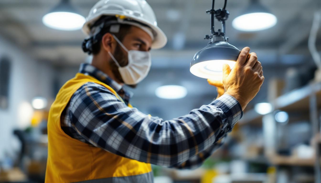A photograph of a lighting contractor installing or adjusting led round shop lights in a well-lit commercial space