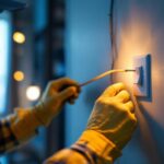 A photograph of a skilled electrician installing a single switch pole in a well-lit room
