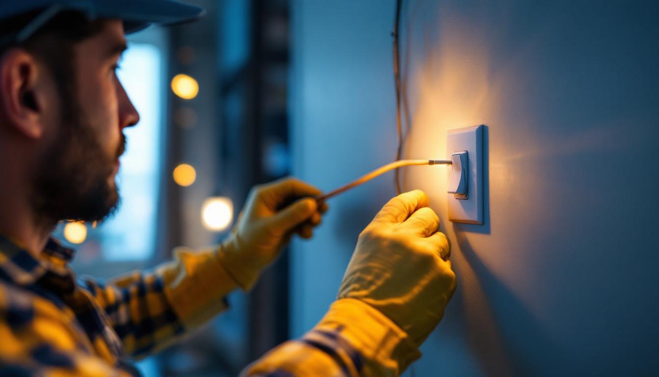A photograph of a skilled electrician installing a single switch pole in a well-lit room