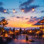 A photograph of a beautifully illuminated outdoor patio scene at dusk