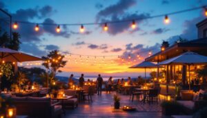 A photograph of a beautifully illuminated outdoor patio scene at dusk