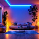 A photograph of a beautifully illuminated space featuring covered led strip lights in various settings