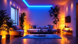 A photograph of a beautifully illuminated space featuring covered led strip lights in various settings