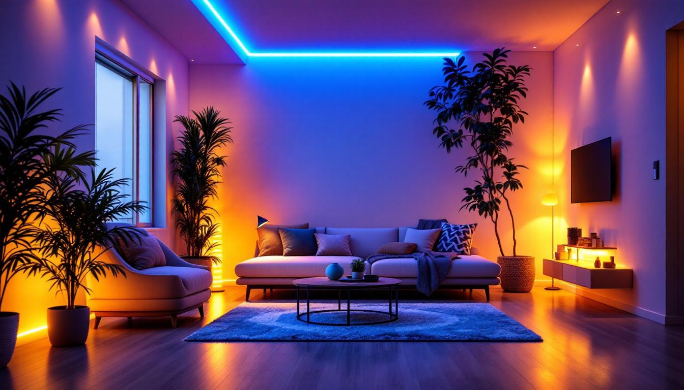 A photograph of a beautifully illuminated space featuring covered led strip lights in various settings
