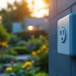 A photograph of capture a photograph of a lighting contractor installing an outdoor receptacle box in a beautifully landscaped garden