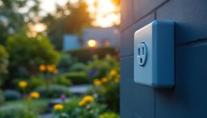 A photograph of capture a photograph of a lighting contractor installing an outdoor receptacle box in a beautifully landscaped garden