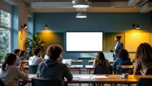A photograph of a well-lit classroom setting that showcases a variety of lighting options