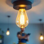 A photograph of a modern light bulb ceiling fixture elegantly installed in a stylish room