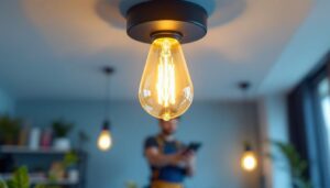 A photograph of a modern light bulb ceiling fixture elegantly installed in a stylish room