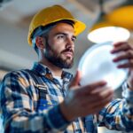 A photograph of a lighting contractor expertly installing or replacing a light fixture lens cover in a well-lit space