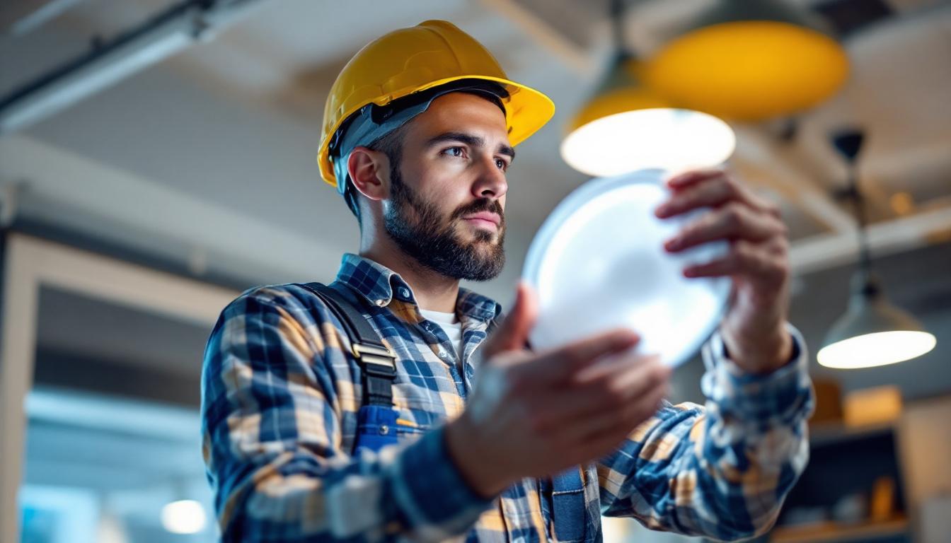 A photograph of a lighting contractor expertly installing or replacing a light fixture lens cover in a well-lit space