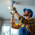 A photograph of a skilled lighting contractor expertly installing a ceiling light fixture mounting bracket in a well-lit room