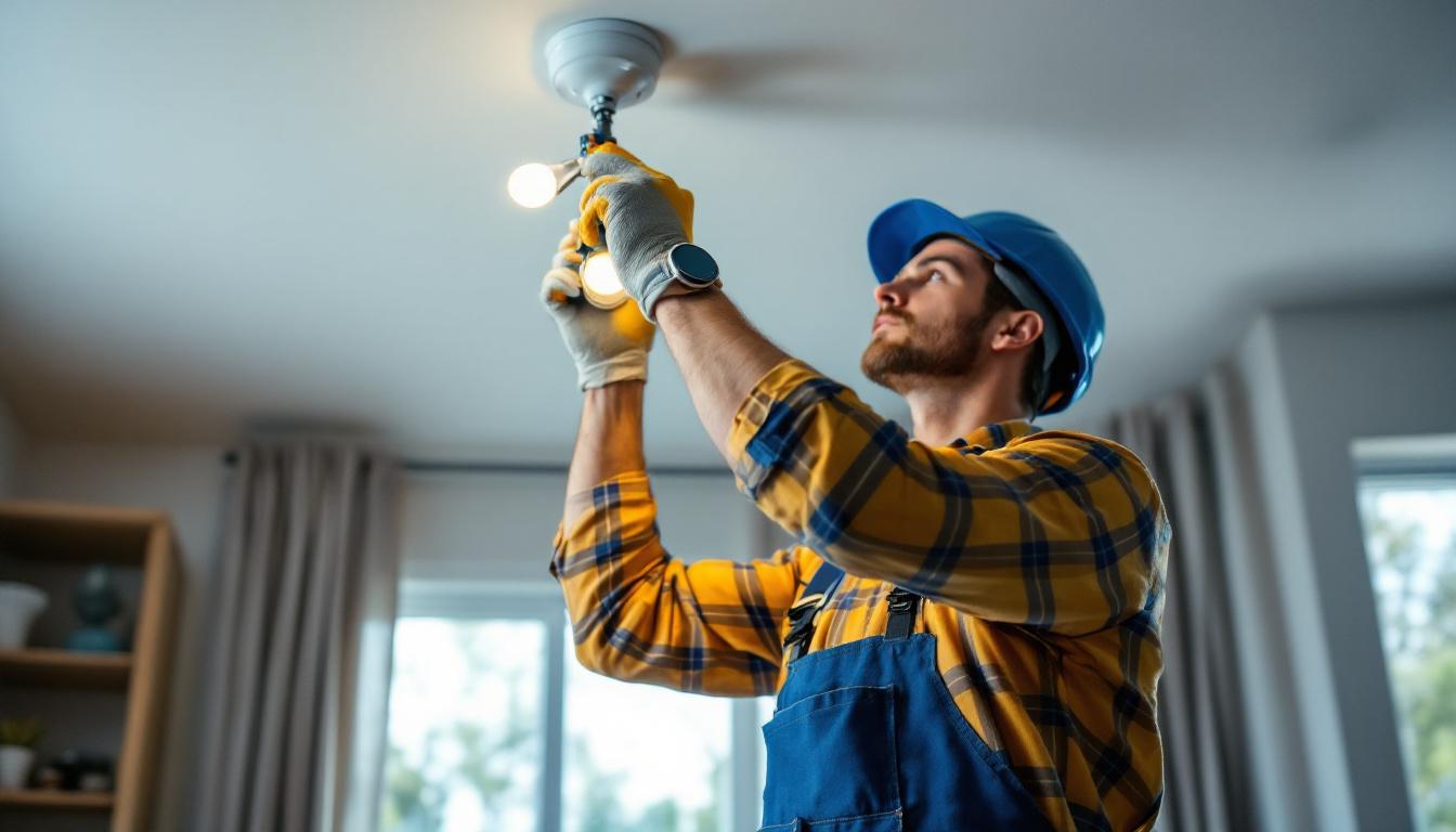 A photograph of a skilled lighting contractor expertly installing a ceiling light fixture mounting bracket in a well-lit room