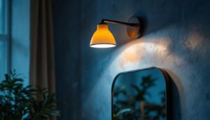 A photograph of a stylish industrial vanity light fixture installed in a modern bathroom setting