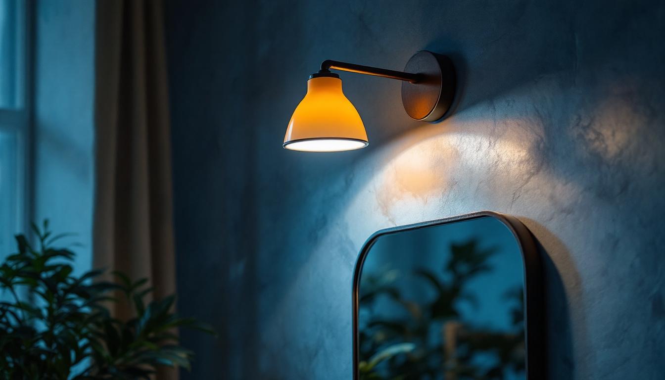 A photograph of a stylish industrial vanity light fixture installed in a modern bathroom setting