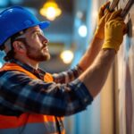 A photograph of a lighting contractor in action