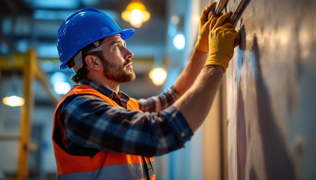 A photograph of a lighting contractor in action