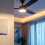A photograph of a stylish remote control ceiling fan switch installed in a modern living room setting