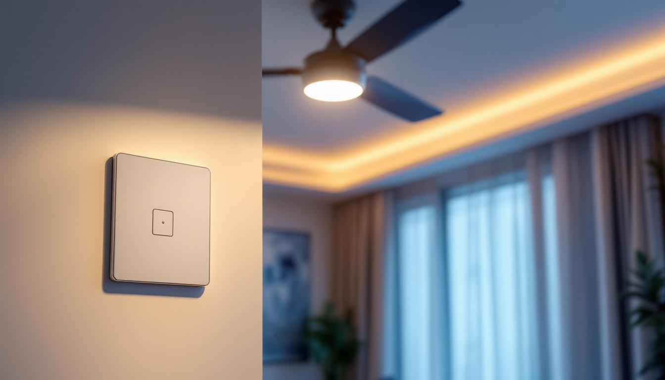 A photograph of a stylish remote control ceiling fan switch installed in a modern living room setting