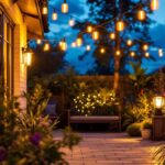 A photograph of a beautifully illuminated outdoor space featuring long outdoor lights