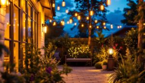 A photograph of a beautifully illuminated outdoor space featuring long outdoor lights