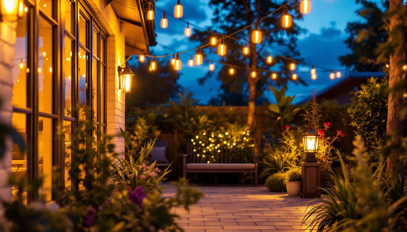 A photograph of a beautifully illuminated outdoor space featuring long outdoor lights