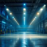 A photograph of a well-lit industrial space featuring ufo high bay lights in action