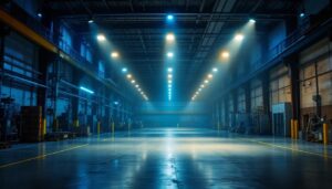 A photograph of a well-lit industrial space featuring ufo high bay lights in action