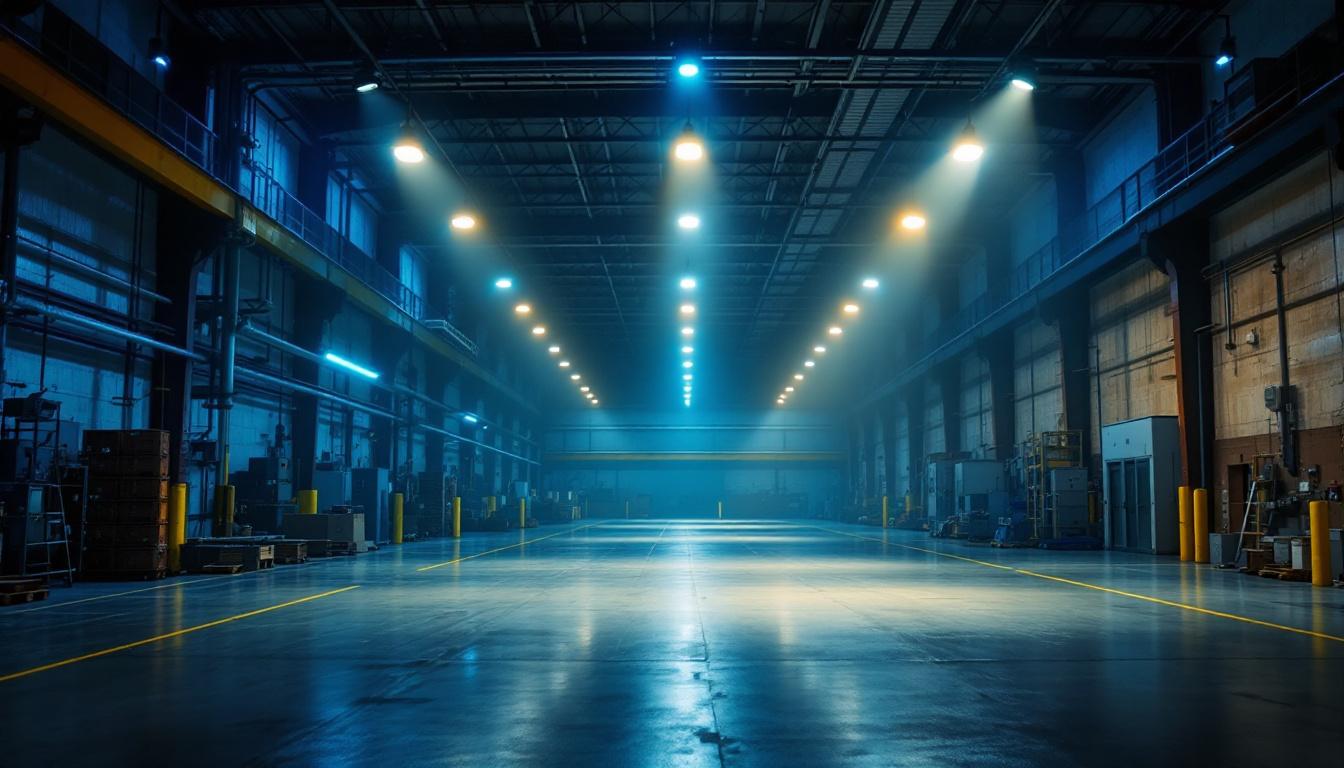 A photograph of a well-lit industrial space featuring ufo high bay lights in action