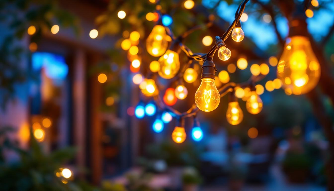 A photograph of a beautifully arranged display of vibrant led string lights in a cozy outdoor setting