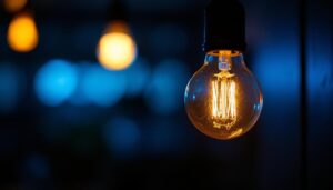 A photograph of a close-up shot of a flickering light bulb in a dimly lit room