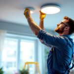 A photograph of a skilled lighting contractor installing elite lighting recessed can fixtures in a modern