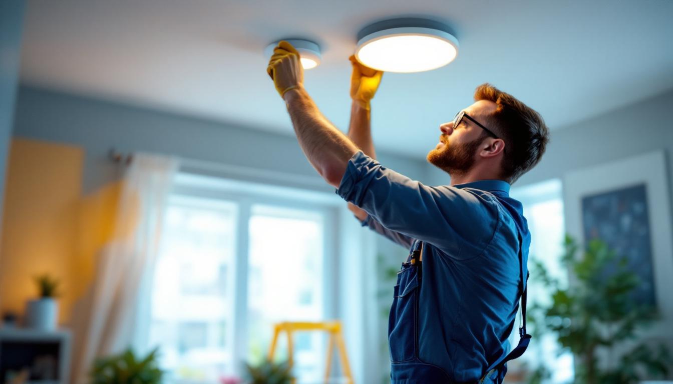A photograph of a skilled lighting contractor installing elite lighting recessed can fixtures in a modern