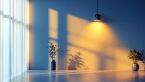 A photograph of a well-lit interior space featuring a stylish led light installation on the wall