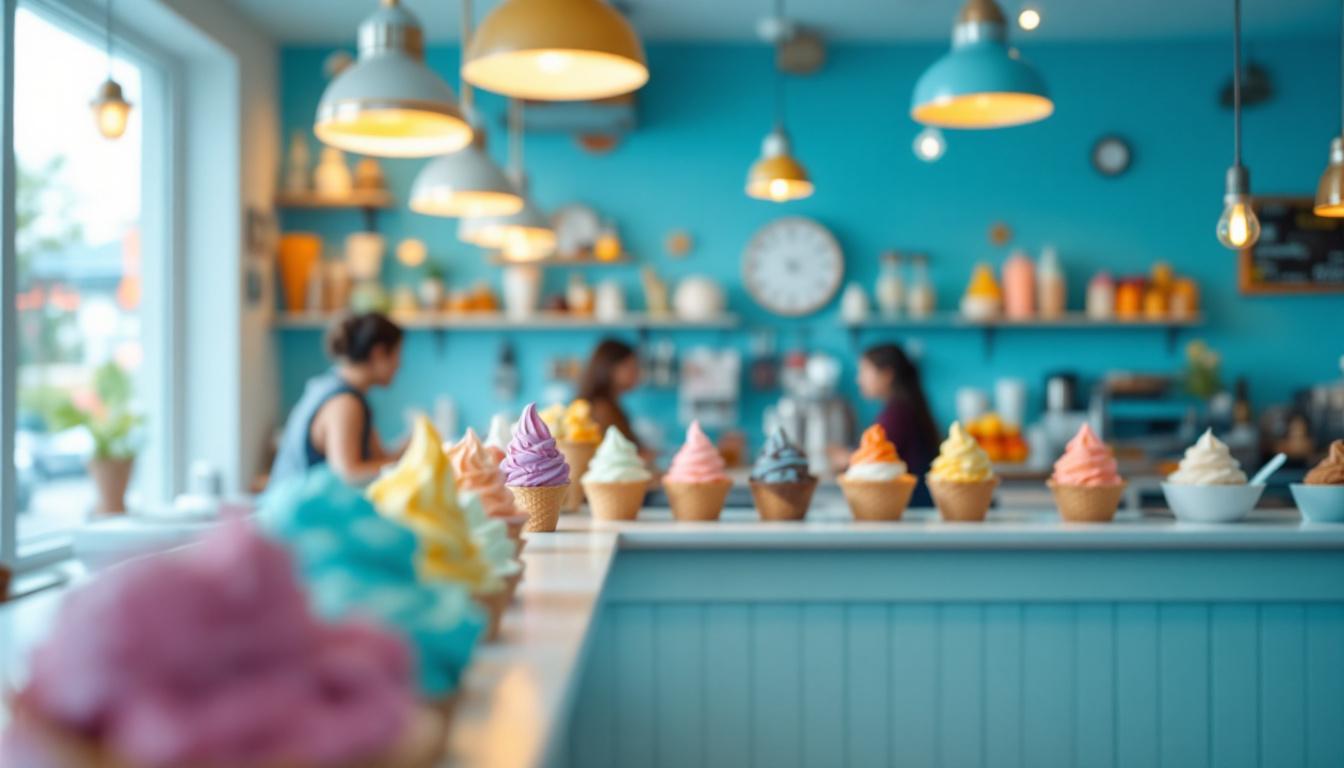 A photograph of a brightly lit ice cream shop interior