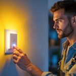 A photograph of a skilled lighting contractor installing a wall switch motion sensor in a modern home setting