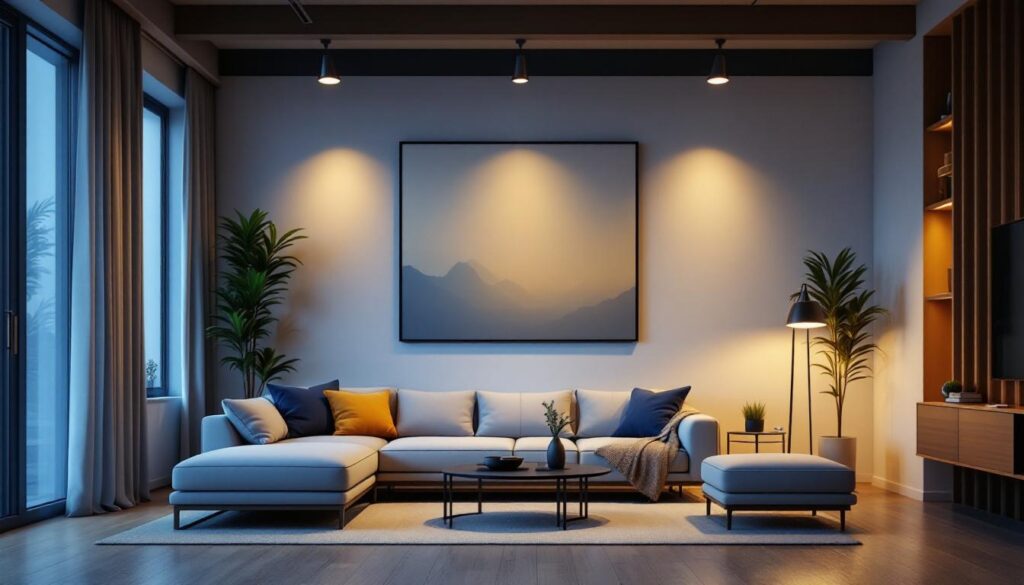 A photograph of a modern living space showcasing bluetooth recessed lights in action