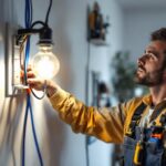 A photograph of a skilled lighting contractor installing a 3-wire switch in a modern home setting