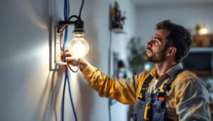 A photograph of a skilled lighting contractor installing a 3-wire switch in a modern home setting