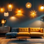 A photograph of a stylishly designed room showcasing various light fixtures in use
