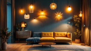 A photograph of a stylishly designed room showcasing various light fixtures in use