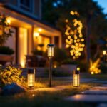 A photograph of a beautifully illuminated outdoor space featuring solar motion sensor lights in action