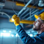 A photograph of a lighting contractor replacing a t12 fluorescent light fixture with a modern led light