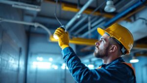 A photograph of a lighting contractor replacing a t12 fluorescent light fixture with a modern led light