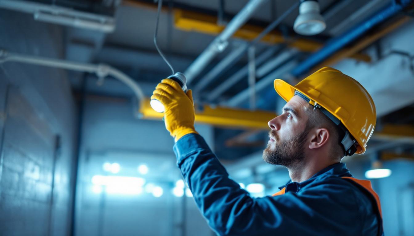 A photograph of a lighting contractor replacing a t12 fluorescent light fixture with a modern led light