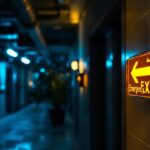 A photograph of a well-lit emergency exit sign in a commercial building